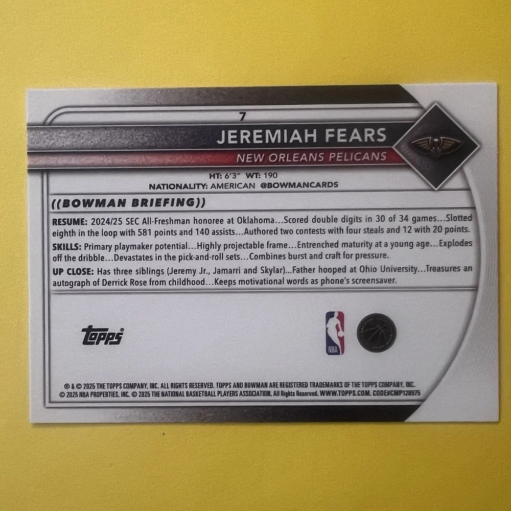 2025-26 Bowman‎ Basketball Jeremiah Fears RC #7 New Orleans Pelicans Rookie Base
